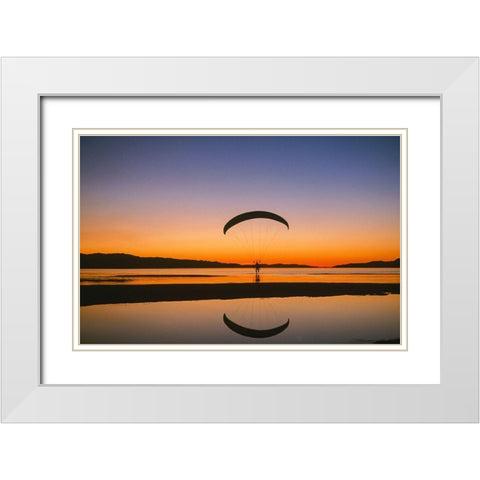 Paraglider over the Great Salt Lake-Utah at sunset White Modern Wood Framed Art Print with Double Matting by Garber, Howie