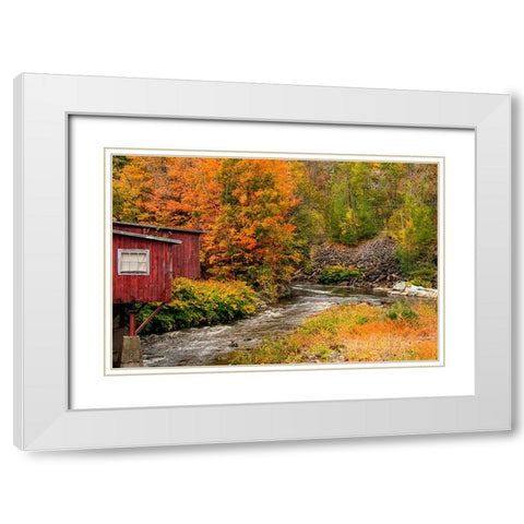 USA-Vermont-Stowe-red mill on Little River as it flows south of Stowe to Winooski River-fall foliage White Modern Wood Framed Art Print with Double Matting by Jones, Allison