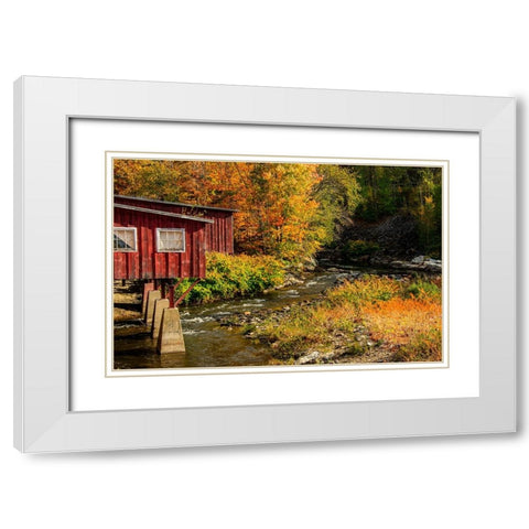 USA-Vermont-Stowe-red mill on Little River as it flows south of Stowe to Winooski River-fall foliage White Modern Wood Framed Art Print with Double Matting by Jones, Allison