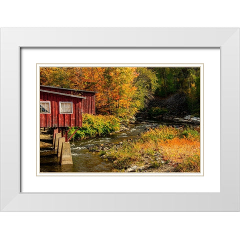 USA-Vermont-Stowe-red mill on Little River as it flows south of Stowe to Winooski River-fall foliage White Modern Wood Framed Art Print with Double Matting by Jones, Allison