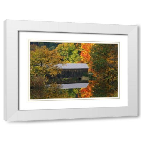 Vermont Covered bridge and autumn reflections White Modern Wood Framed Art Print with Double Matting by Rotenberg, Nancy