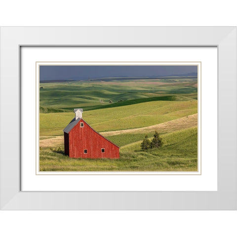 Red barn in valley of rolling farm fields-Palouse agricultural region of western Idaho White Modern Wood Framed Art Print with Double Matting by Jones, Adam