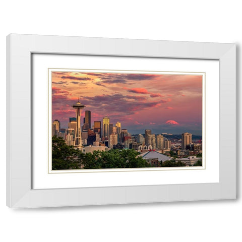 Seattle-Washington State skyline and distant Mt Rainier White Modern Wood Framed Art Print with Double Matting by Jones, Adam