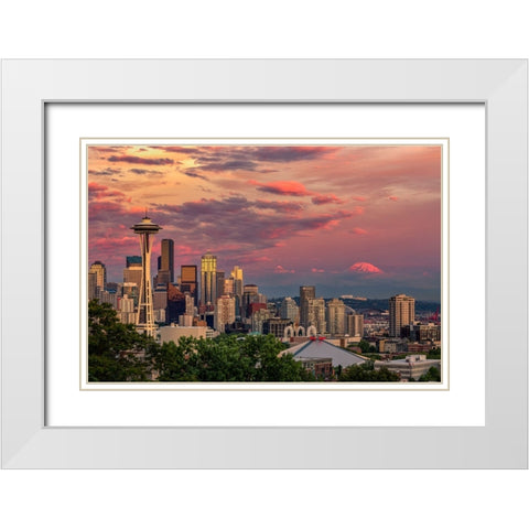 Seattle-Washington State skyline and distant Mt Rainier White Modern Wood Framed Art Print with Double Matting by Jones, Adam