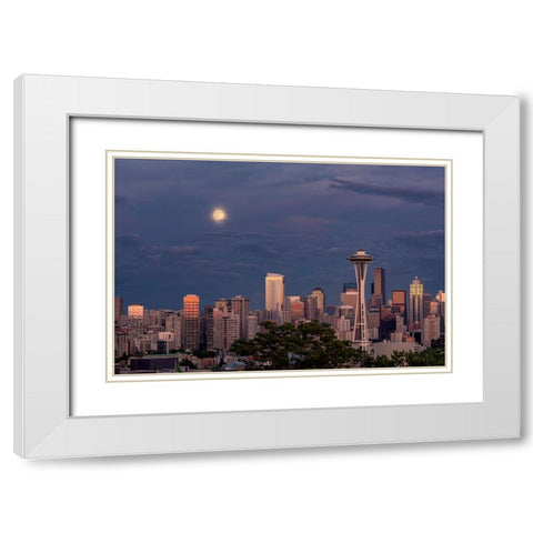 Seattle skyline and super moon at dusk-Seattle-Washington State White Modern Wood Framed Art Print with Double Matting by Jones, Adam