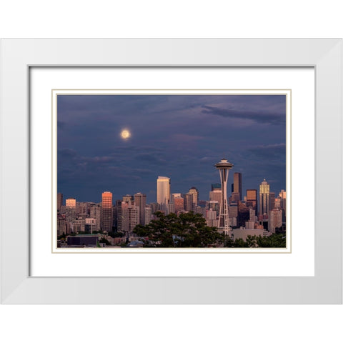 Seattle skyline and super moon at dusk-Seattle-Washington State White Modern Wood Framed Art Print with Double Matting by Jones, Adam