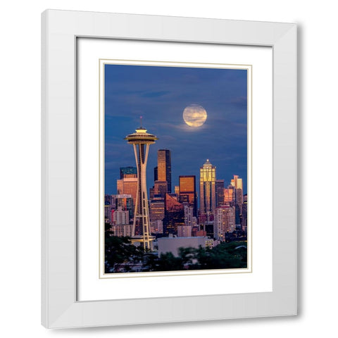 Seattle skyline and super moon at dusk-Seattle-Washington State White Modern Wood Framed Art Print with Double Matting by Jones, Adam