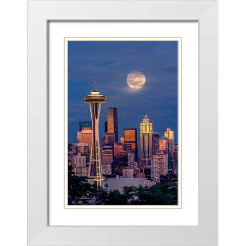 Seattle skyline and super moon at dusk-Seattle-Washington State White Modern Wood Framed Art Print with Double Matting by Jones, Adam