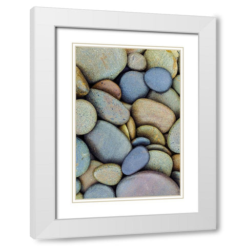 Pattern of smooth rounded stones on beach-Olympic National Park-Washington State White Modern Wood Framed Art Print with Double Matting by Jones, Adam