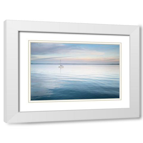 Sailboat anchored in Bellingham Bay on a calm morning-Bellingham White Modern Wood Framed Art Print with Double Matting by Majchrowicz, Alan