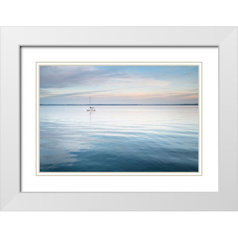 Sailboat anchored in Bellingham Bay on a calm morning-Bellingham White Modern Wood Framed Art Print with Double Matting by Majchrowicz, Alan