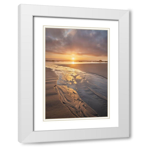 Stream flowing into the Pacific Ocean at sunset-Kalaloch Beach Olympic National Park White Modern Wood Framed Art Print with Double Matting by Majchrowicz, Alan