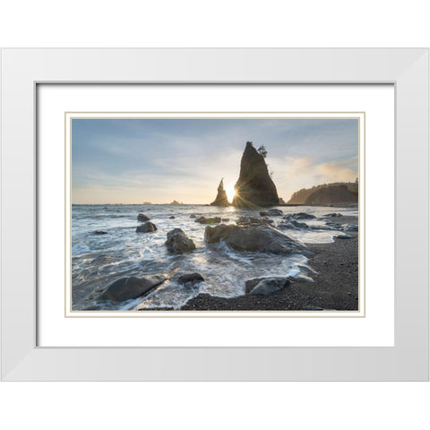 Setting sun behind Split Rock on Rialto Beach-Olympic National Park White Modern Wood Framed Art Print with Double Matting by Majchrowicz, Alan