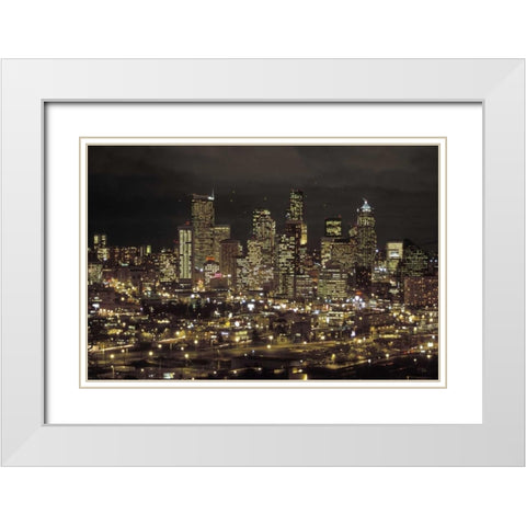 Washington, Seattle Night skyline of downtown White Modern Wood Framed Art Print with Double Matting by Grall, Don