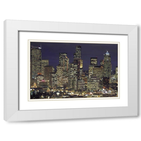 Washington, Seattle Night skyline of downtown White Modern Wood Framed Art Print with Double Matting by Grall, Don