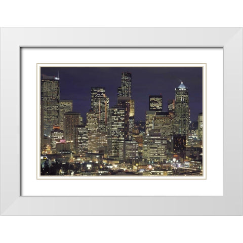 Washington, Seattle Night skyline of downtown White Modern Wood Framed Art Print with Double Matting by Grall, Don