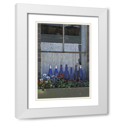 WA, Palouse Row of blue bottles and flowers White Modern Wood Framed Art Print with Double Matting by Grall, Don