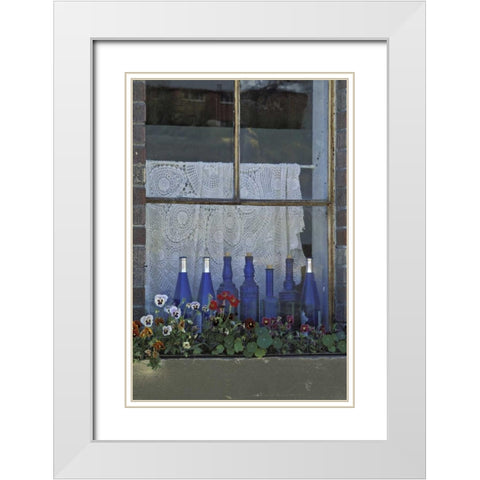 WA, Palouse Row of blue bottles and flowers White Modern Wood Framed Art Print with Double Matting by Grall, Don