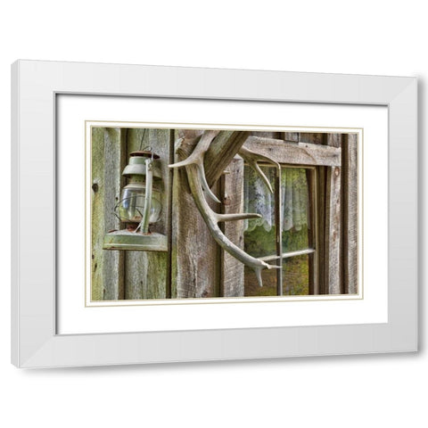 WA, Stehekin Antlers and lantern outside a cabin White Modern Wood Framed Art Print with Double Matting by Paulson, Don