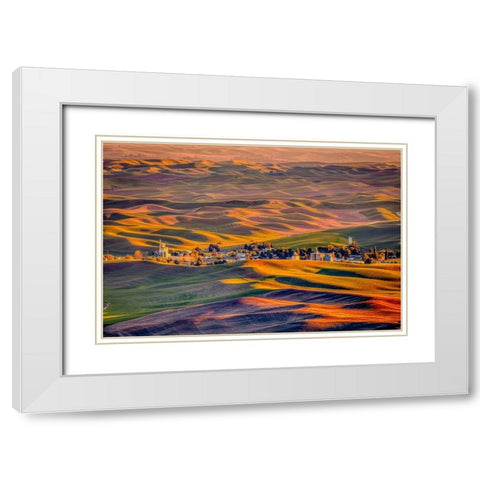 Washington State-Palouse Steptoe Village and farmland at sunset  White Modern Wood Framed Art Print with Double Matting by Jaynes Gallery