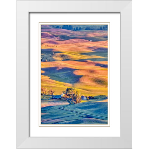 Washington State-Palouse Steptoe Village and farmland at sunset  White Modern Wood Framed Art Print with Double Matting by Jaynes Gallery