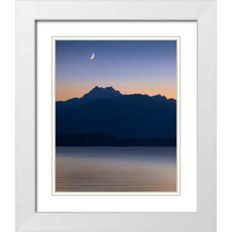 USA-Washington State-Seabeck Crescent moon at sunset over Hood Canal and Olympic Mountains White Modern Wood Framed Art Print with Double Matting by Jaynes Gallery