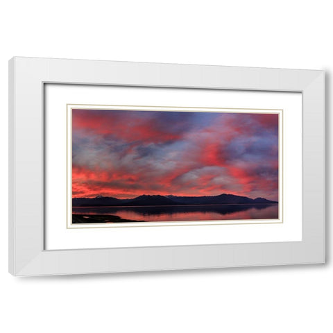 USA- Washington State- Seabeck. Panoramic of sunset on Olympic Mountains and Hood Canal. White Modern Wood Framed Art Print with Double Matting by Jaynes Gallery
