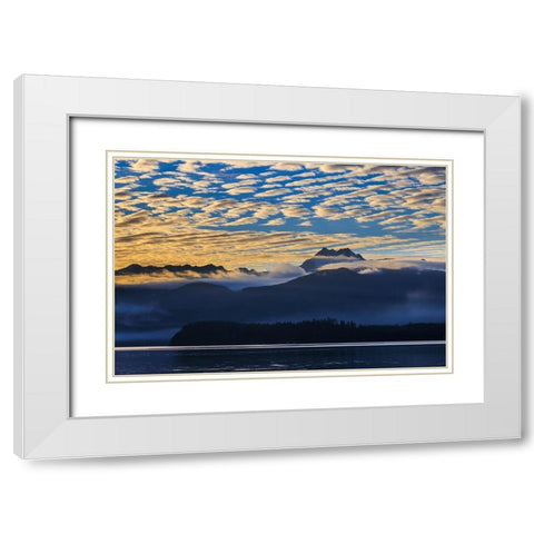 USA- Washington State- Seabeck. Sunset over Olympic Mountains and Hood Canal. White Modern Wood Framed Art Print with Double Matting by Jaynes Gallery