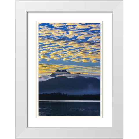 USA- Washington State- Seabeck. Sunset over Olympic Mountains and Hood Canal. White Modern Wood Framed Art Print with Double Matting by Jaynes Gallery