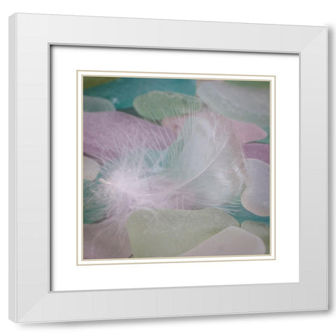 USA- Washington State- Seabeck. Feather and beach glass close-up. White Modern Wood Framed Art Print with Double Matting by Jaynes Gallery