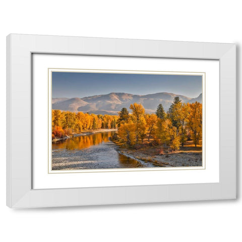 USA- Washington State- Methow Valley and river edged in Fall colored trees. White Modern Wood Framed Art Print with Double Matting by Gulin, Darrell