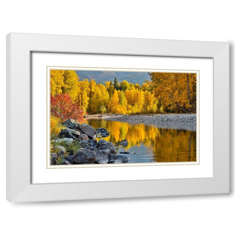 USA- Washington State- Methow Valley and river edged in Fall colored trees. White Modern Wood Framed Art Print with Double Matting by Gulin, Darrell