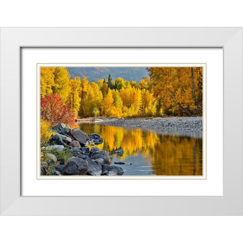 USA- Washington State- Methow Valley and river edged in Fall colored trees. White Modern Wood Framed Art Print with Double Matting by Gulin, Darrell