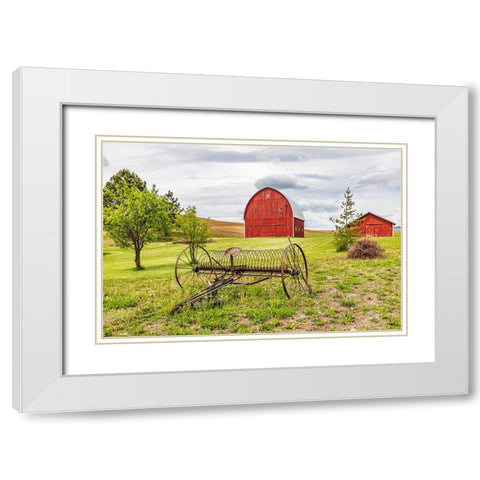 Albion-Washington State-USA-Red barns and antique farm equipment in the Palouse hills White Modern Wood Framed Art Print with Double Matting by Wilson, Emily M.