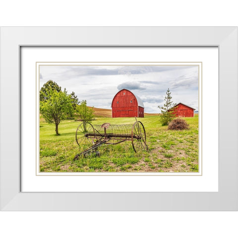 Albion-Washington State-USA-Red barns and antique farm equipment in the Palouse hills White Modern Wood Framed Art Print with Double Matting by Wilson, Emily M.