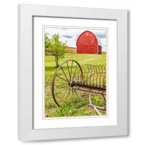 Albion-Washington State-USA-Red barns and antique farm equipment in the Palouse hills White Modern Wood Framed Art Print with Double Matting by Wilson, Emily M.
