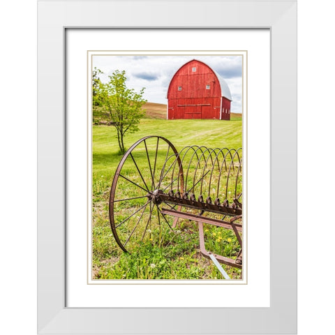 Albion-Washington State-USA-Red barns and antique farm equipment in the Palouse hills White Modern Wood Framed Art Print with Double Matting by Wilson, Emily M.