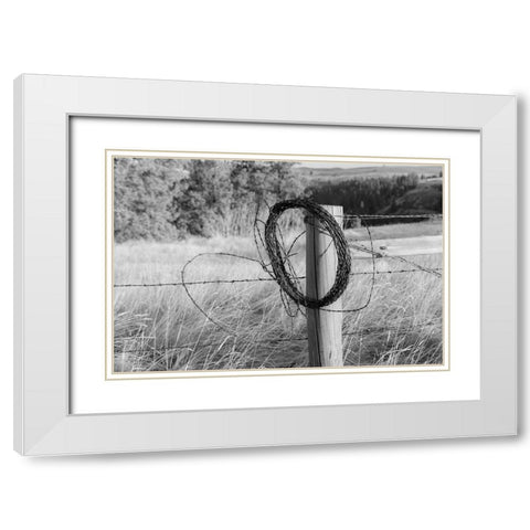USA- Washington State- Whitman County- Palouse. Barbed wire fence Posts. White Modern Wood Framed Art Print with Double Matting by Wilson, Emily M.