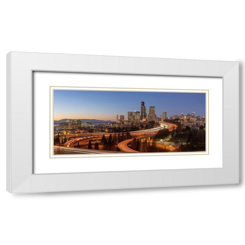 Downtown Seattle skyline in the evening light-Seattle-Washington State White Modern Wood Framed Art Print with Double Matting by Probst, Greg