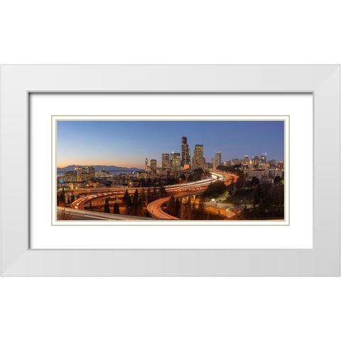 Downtown Seattle skyline in the evening light-Seattle-Washington State White Modern Wood Framed Art Print with Double Matting by Probst, Greg