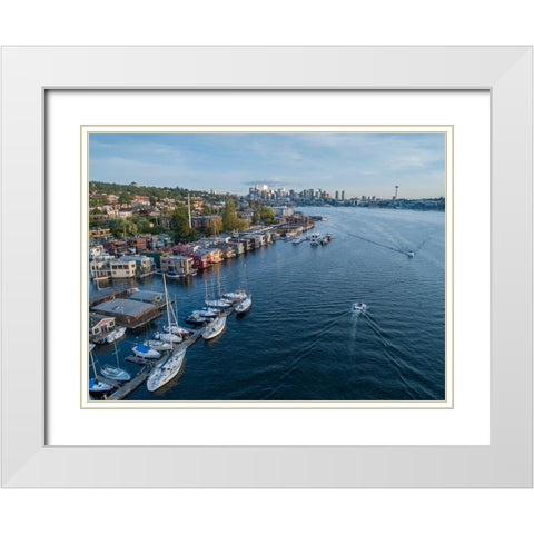 Aerial view of sailboats and houseboats on Lake Union with downtown Seattle in the background White Modern Wood Framed Art Print with Double Matting by Probst, Greg