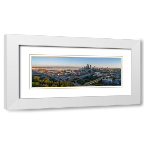 Sunrise view on Seattle-Elliott Bay and the Olympic Mountains as seen from Beacon Hill White Modern Wood Framed Art Print with Double Matting by Probst, Greg