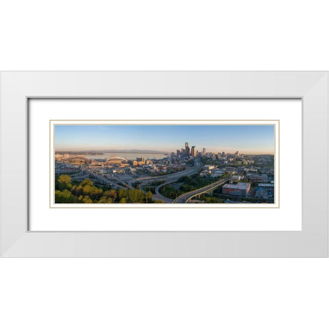 Sunrise view on Seattle-Elliott Bay and the Olympic Mountains as seen from Beacon Hill White Modern Wood Framed Art Print with Double Matting by Probst, Greg
