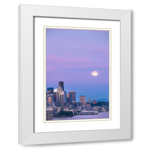 Downtown Seattle with a full moon rising in the evening sky-Seattle-Washington State White Modern Wood Framed Art Print with Double Matting by Probst, Greg