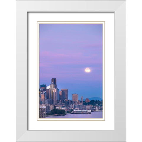 Downtown Seattle with a full moon rising in the evening sky-Seattle-Washington State White Modern Wood Framed Art Print with Double Matting by Probst, Greg