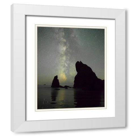 The Milky Way rising behind sea stacks on Ruby Beach-Olympic National Park-Washington State White Modern Wood Framed Art Print with Double Matting by Probst, Greg