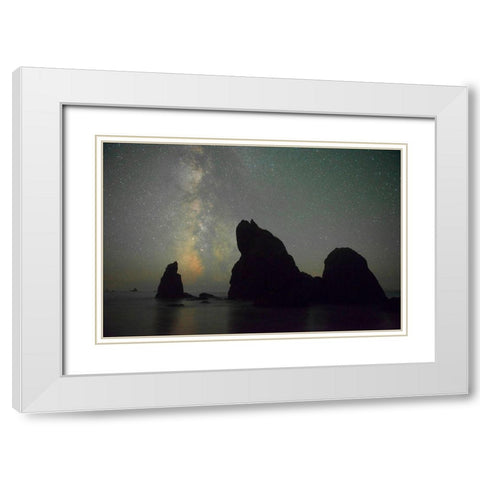 The Milky Way rising behind sea stacks on Ruby Beach-Olympic National Park-Washington State White Modern Wood Framed Art Print with Double Matting by Probst, Greg