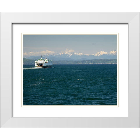 Washington State-Seattle-Washington State Ferry on Elliott Bay-Olympic Mountains in background White Modern Wood Framed Art Print with Double Matting by Wild, Jamie and Judy