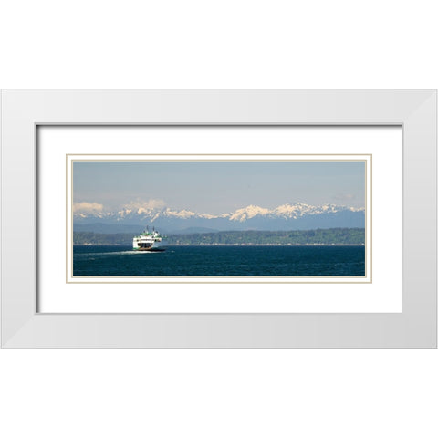 Washington State-Seattle-Washington State Ferry on Elliott Bay-Olympic Mountains in background White Modern Wood Framed Art Print with Double Matting by Wild, Jamie and Judy