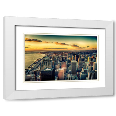 Washington State-Seattle Dusk on the Seattle skyline and Elliot Bay White Modern Wood Framed Art Print with Double Matting by Duval, Richard